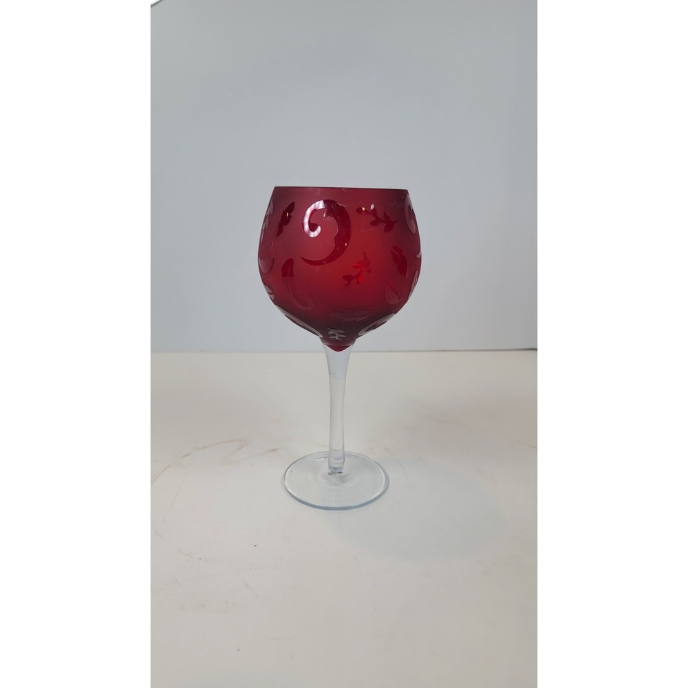 Ruby‎ Red Glass Etched Floral Scrolls Pair of Toasting Balloon Wine Glasses